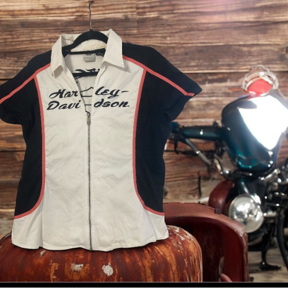 Harley-Davidson Cream and orange and Black zip up Graphic Shirt women’s Sz XL